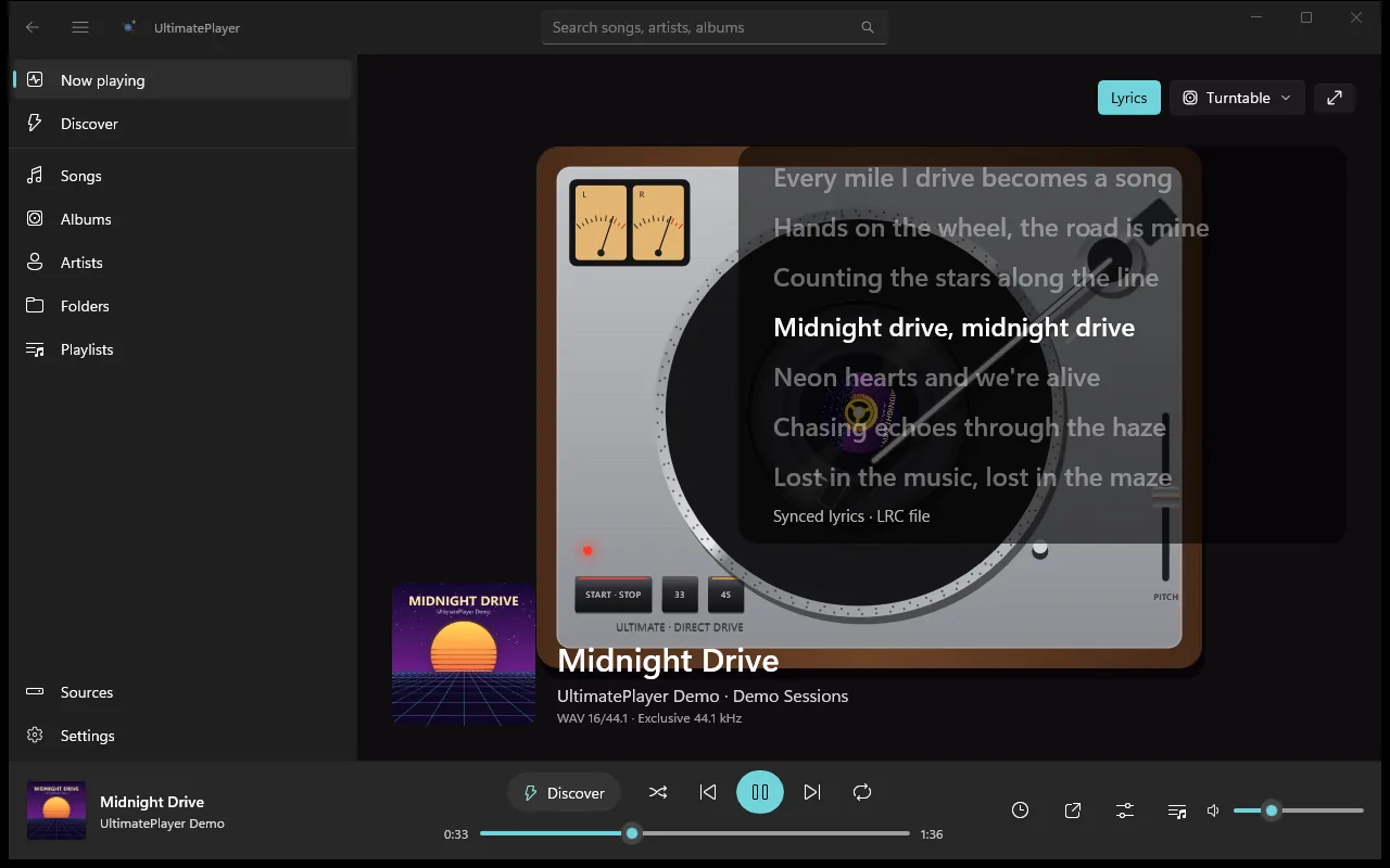 La visualización Tocadiscos con la letra sincronizada de la canción